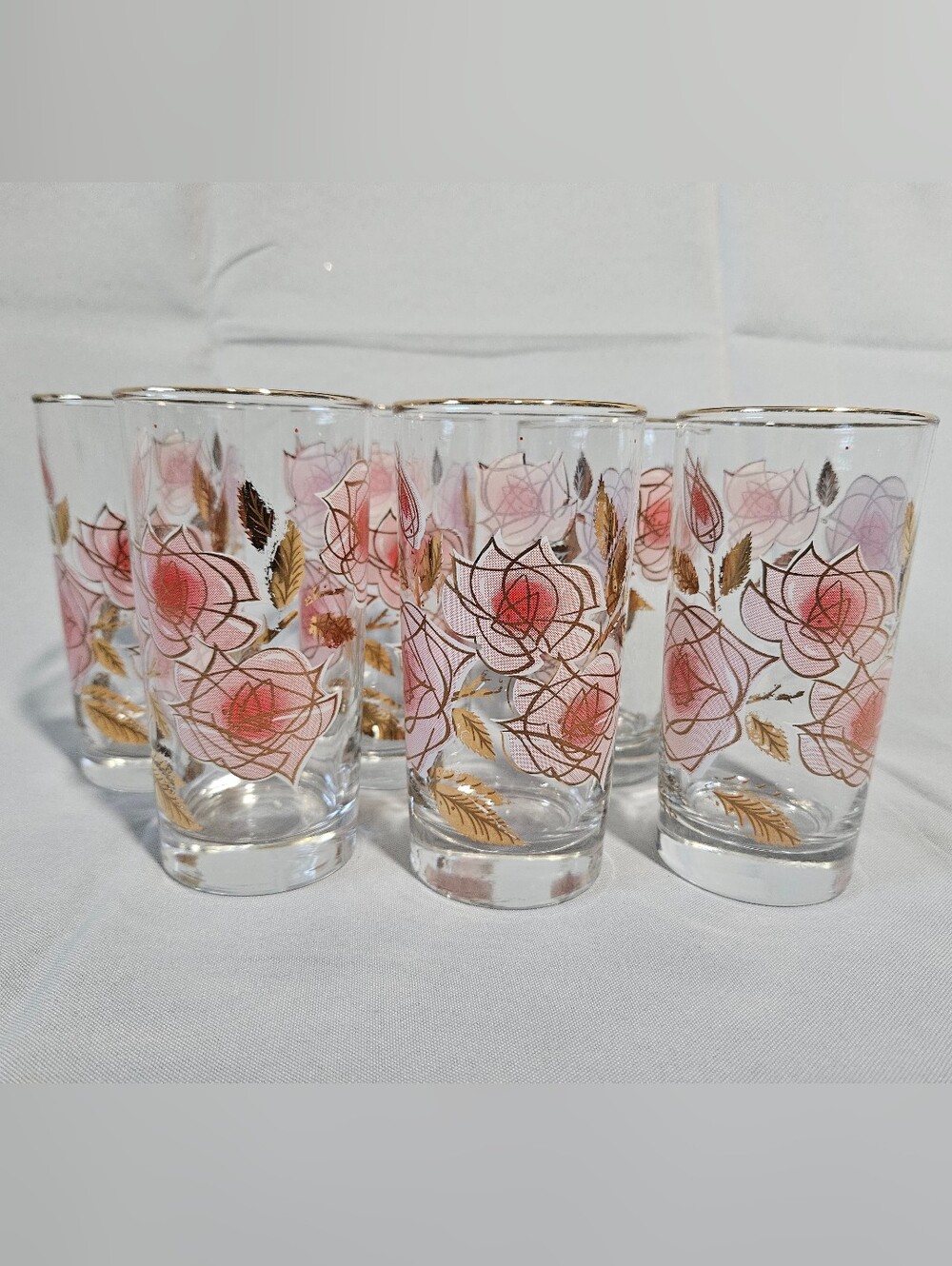 VTG Libbey 1960 Floral Textured Glass Roses Highball Cottage Barware Lot Of 6